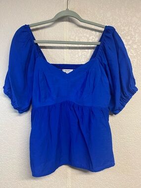 Nine West Cobalt Blue Puff-Sleeve Peplum Blouse